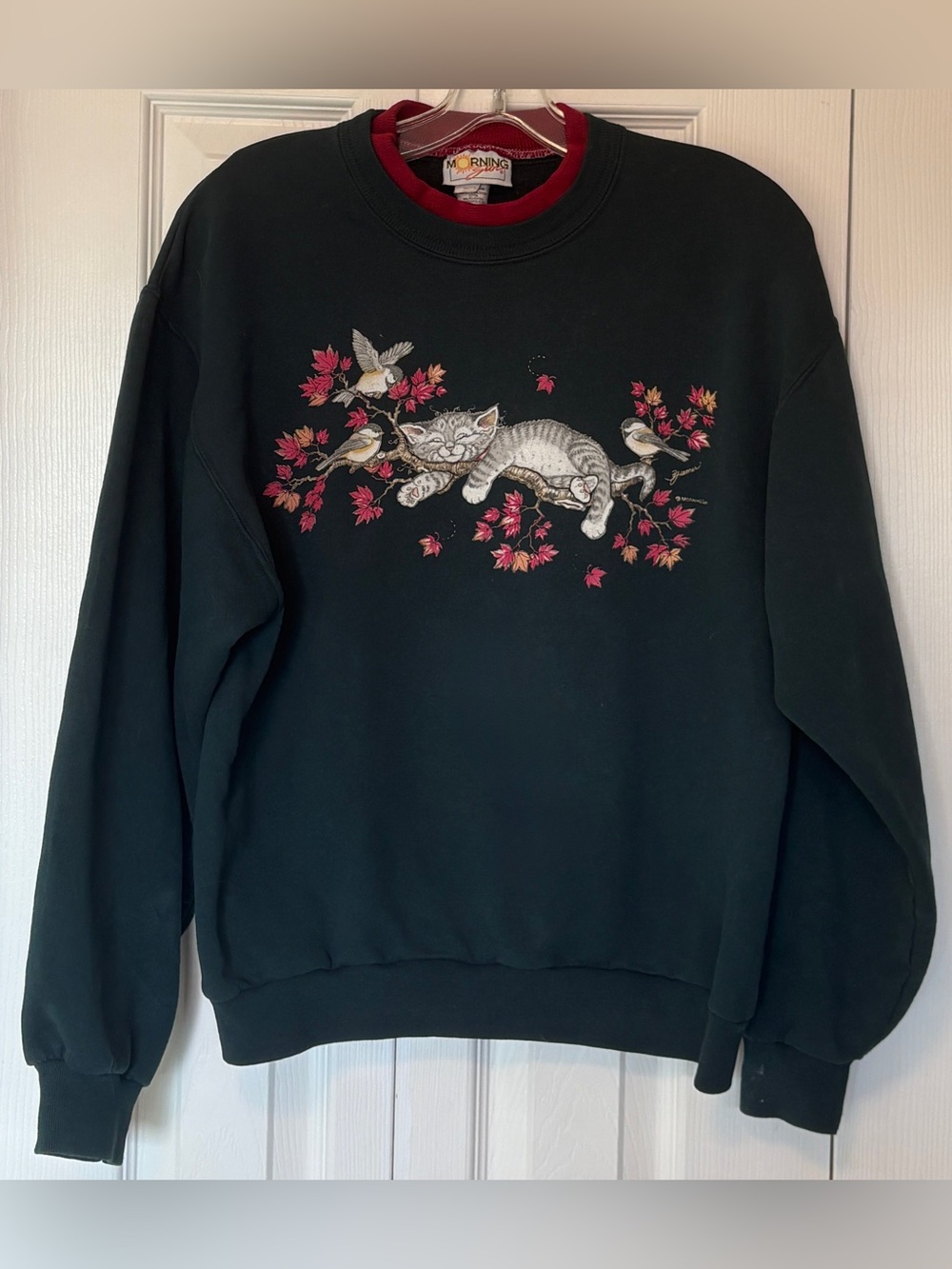 Vintage 1990s Morning Sun Cat Bird Autumn Double Collar Sweatshirt Size Small